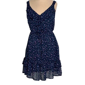 Bebop Dress Navy Blue Ruffles Tiered M Elastic Waist Purple Floral Overlay Fairy